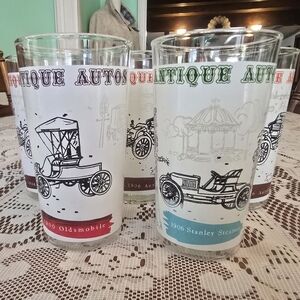 Vintage Anchor Hocking Antique Auto Drinking Glasses Set Of 5